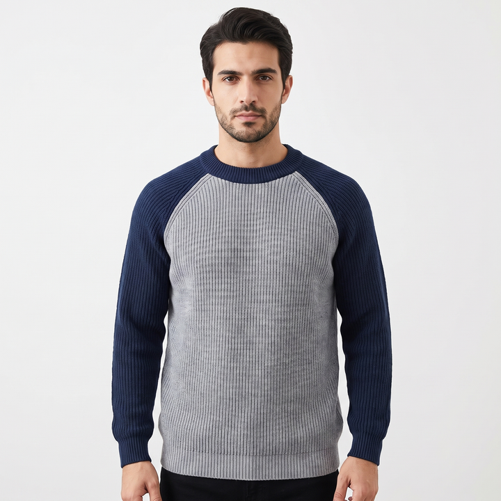 Men's Contrast Raglan Sleeve Ribbed Knit Sweater Crew Neck Casual Pullover Top