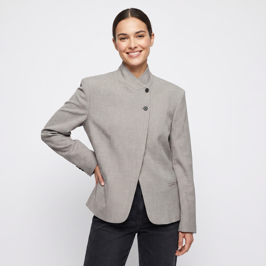 Women's Asymmetric Button Blazer Stand Collar Fitted Smart Work Jacket Outerwear