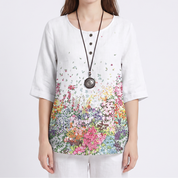 Women's Vintage Floral Print Linen Blend Top Half Sleeve Button Neck