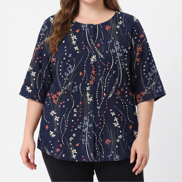 Women's Vintage Floral Print Linen Blend Top Half Sleeve Button Neck