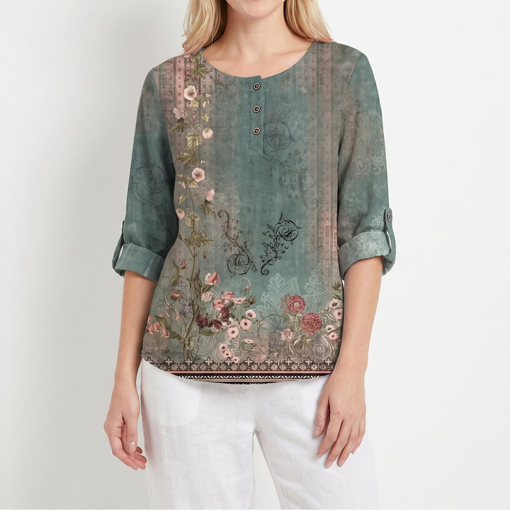 Women's Vintage Floral Print Linen Blend Top Half Sleeve Button Neck