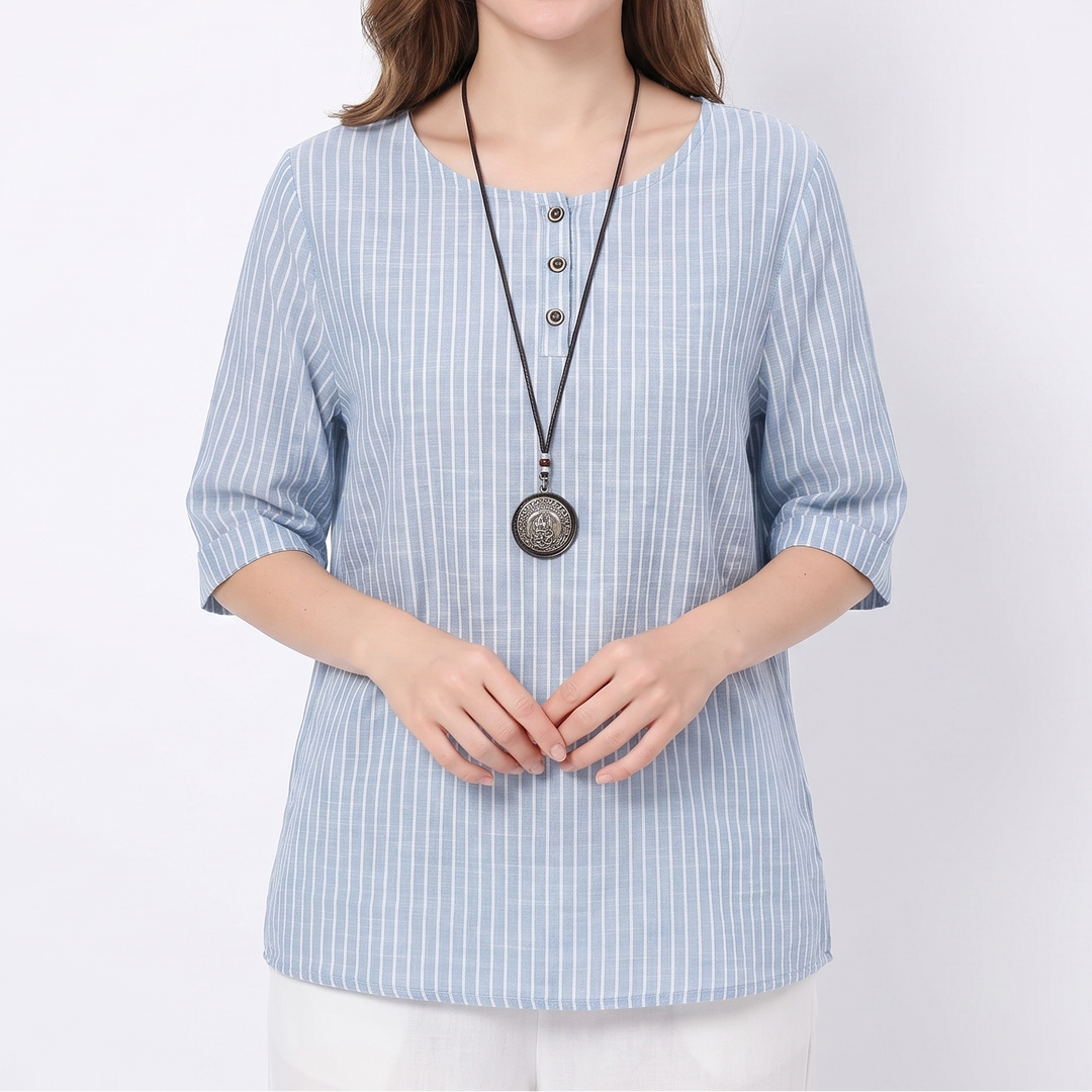 Women's Vintage Floral Print Linen Blend Top Half Sleeve Button Neck