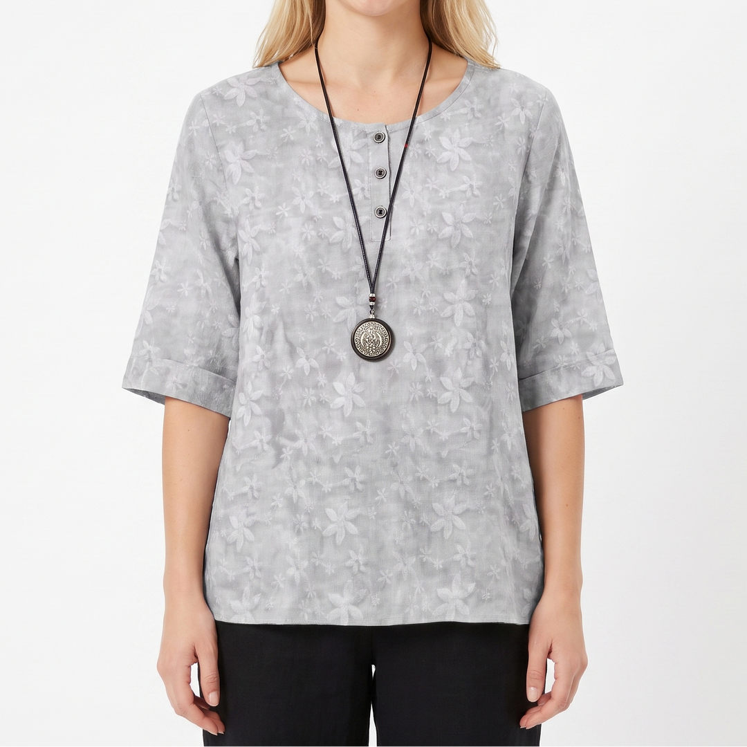 Women's Vintage Floral Print Linen Blend Top Half Sleeve Button Neck