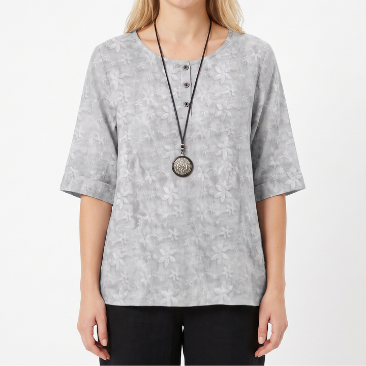 Women's Vintage Floral Print Linen Blend Top Half Sleeve Button Neck