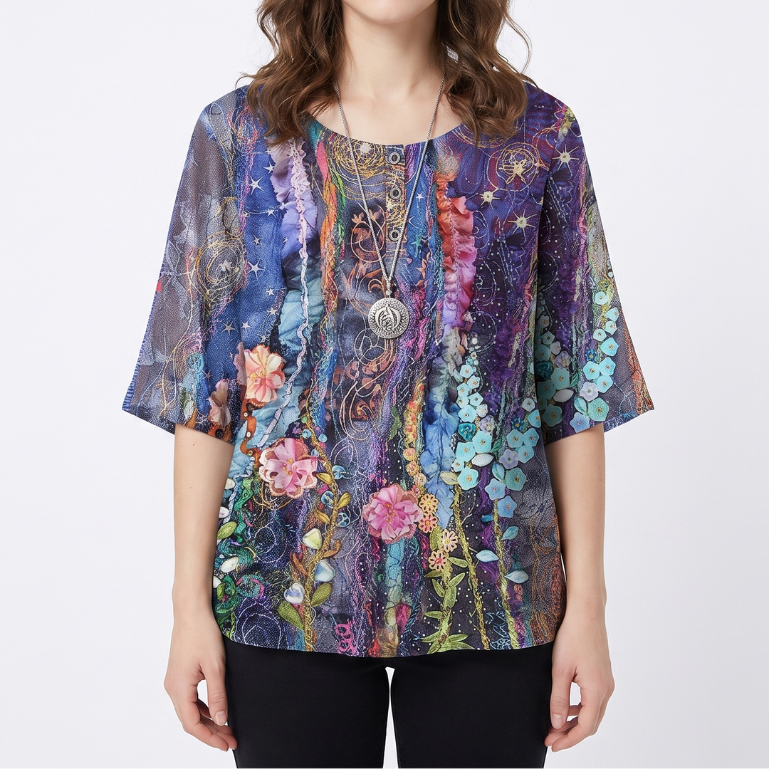 Women's Vintage Floral Print Linen Blend Top Half Sleeve Button Neck