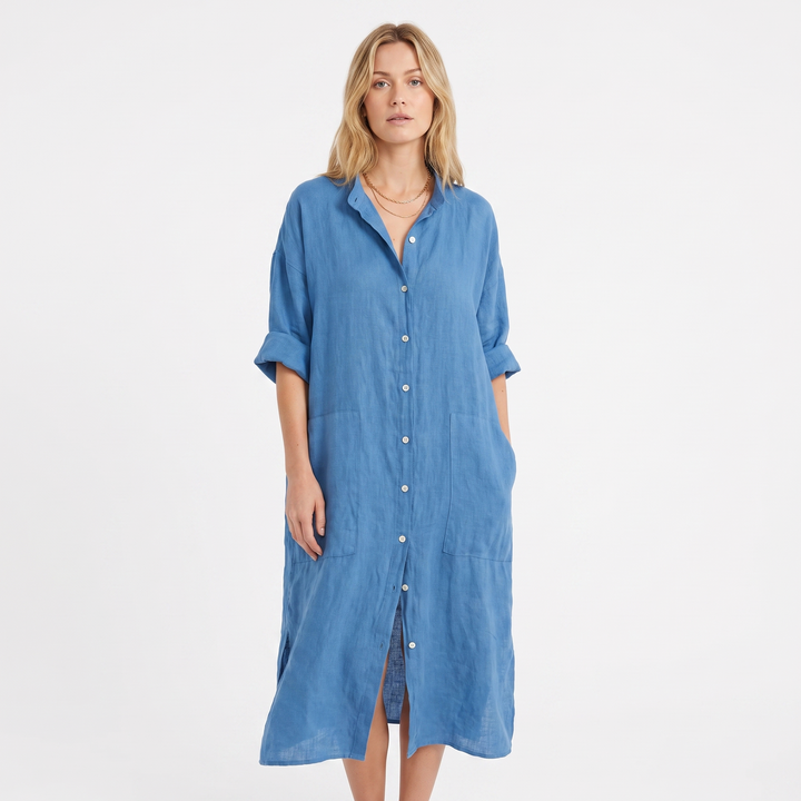 Women's Linen Shirt Dress Button Down Oversized Patch Pocket Midi