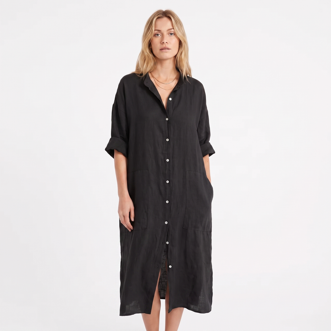 Women's Linen Shirt Dress Button Down Oversized Patch Pocket Midi