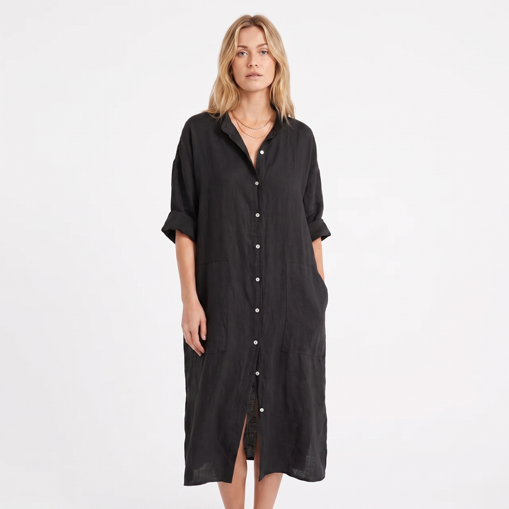 Women's Linen Shirt Dress Button Down Oversized Patch Pocket Midi
