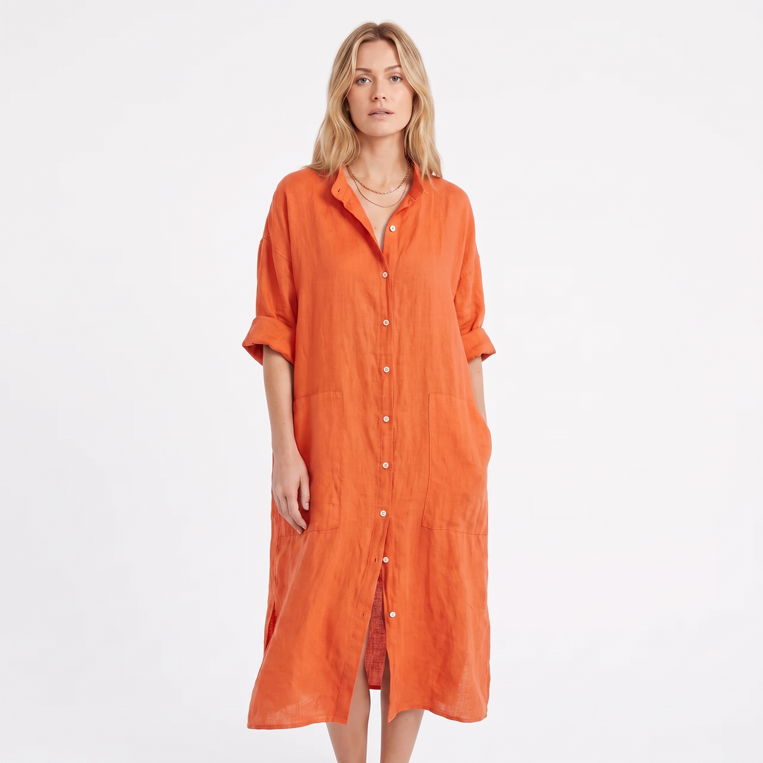 Women's Linen Shirt Dress Button Down Oversized Patch Pocket Midi