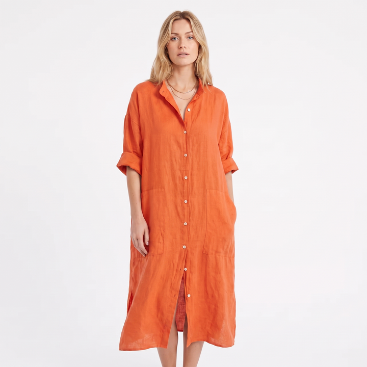 Women's Linen Shirt Dress Button Down Oversized Patch Pocket Midi