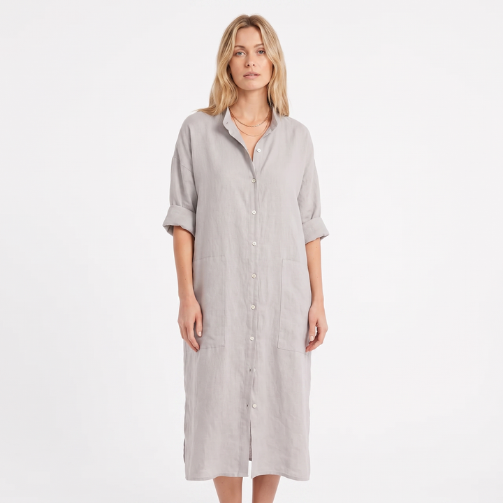 Women's Linen Shirt Dress Button Down Oversized Patch Pocket Midi