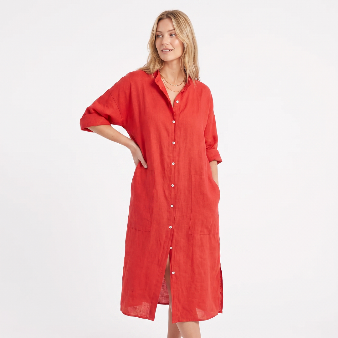 Women's Linen Shirt Dress Button Down Oversized Patch Pocket Midi