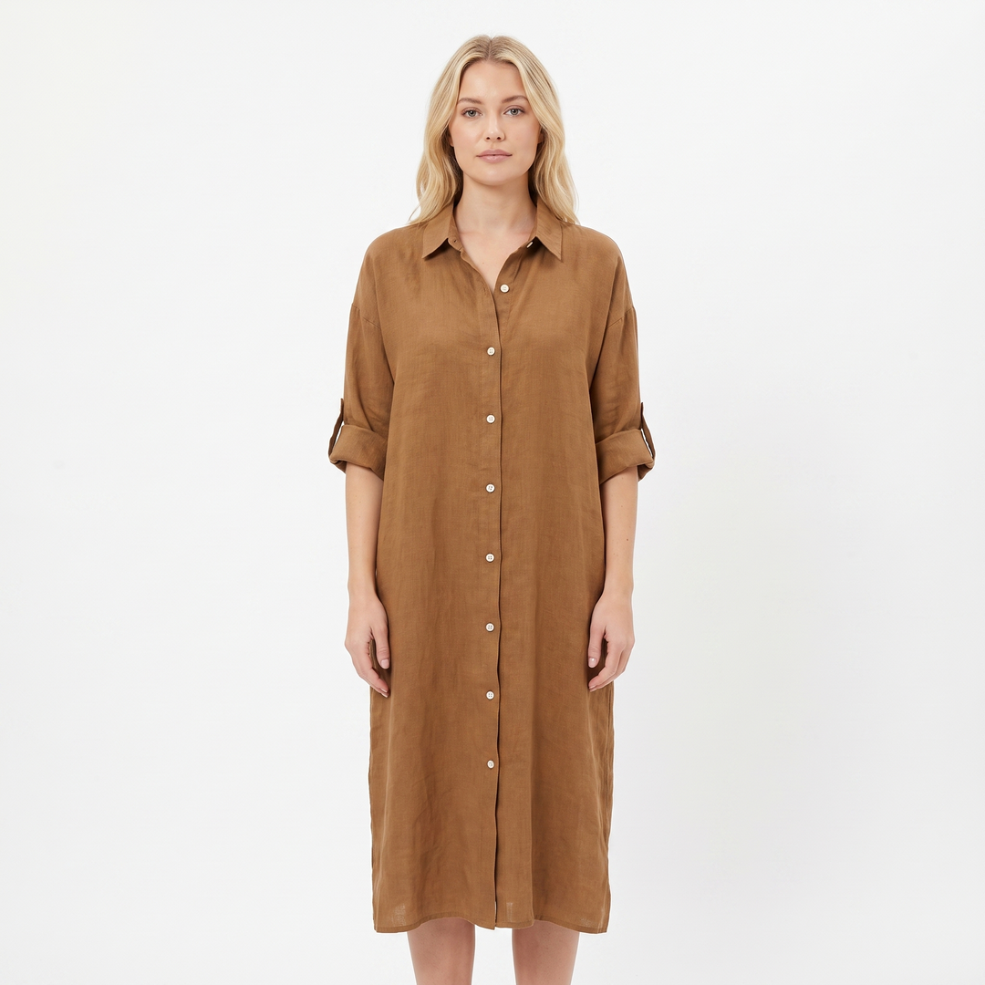 Women's Linen Shirt Dress Button Down Oversized Patch Pocket Midi