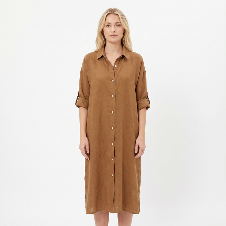Women's Linen Shirt Dress Button Down Oversized Patch Pocket Midi