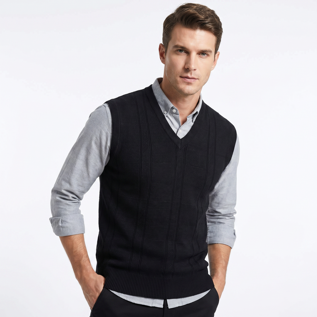 Men's V-Neck Knit Sweater Vest Sleeveless Argyle Texture Slim Fit Smart Casual Top