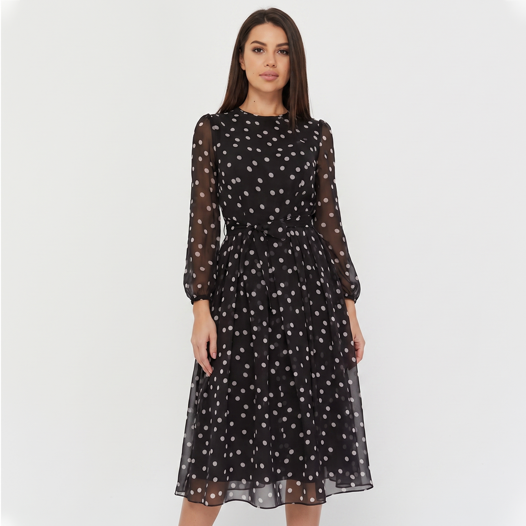 Women's Polka Dot Midi Dress Long Sleeve Chiffon Belted A Line