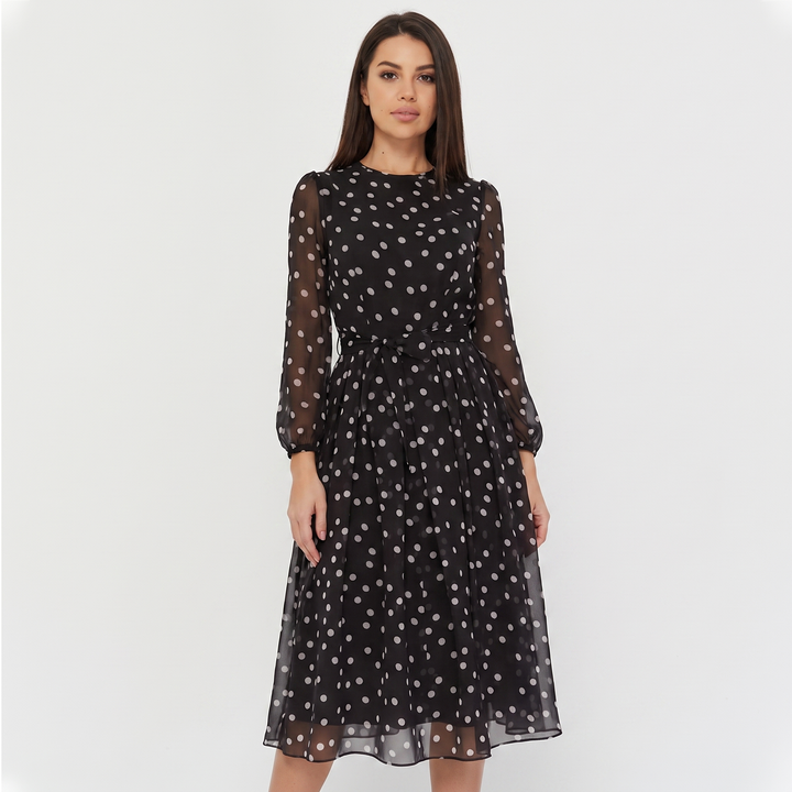 Women's Polka Dot Midi Dress Long Sleeve Chiffon Belted A Line