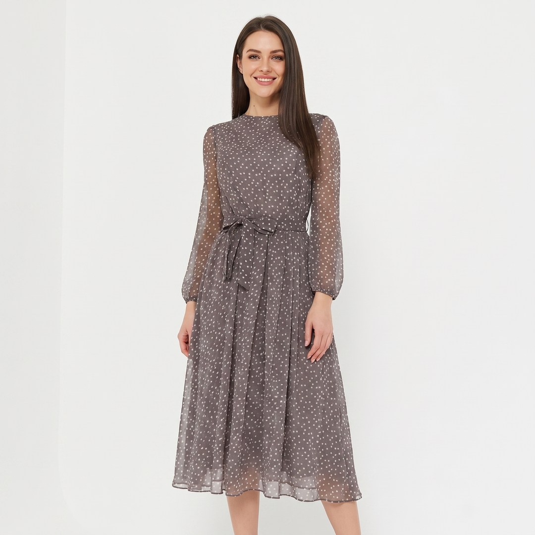 Women's Polka Dot Midi Dress Long Sleeve Chiffon Belted A Line