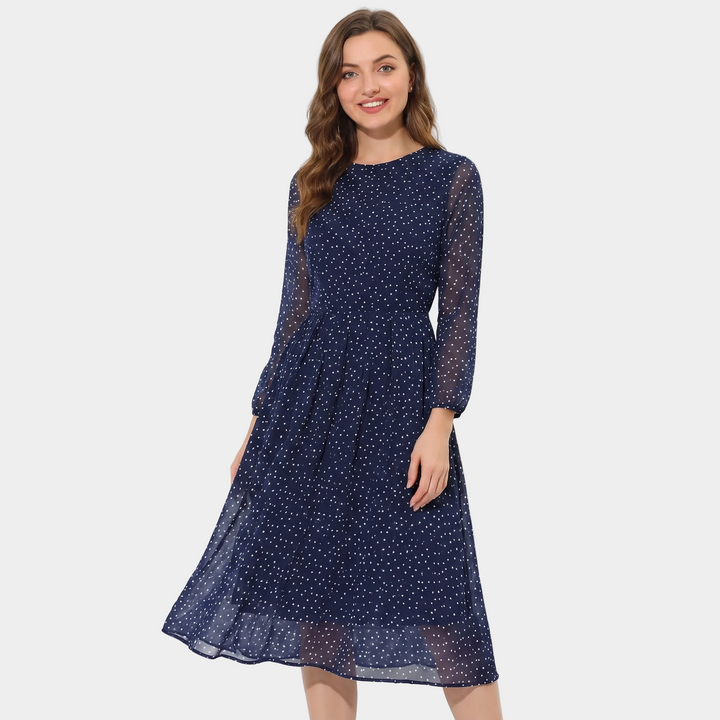 Women's Polka Dot Midi Dress Long Sleeve Chiffon Belted A Line