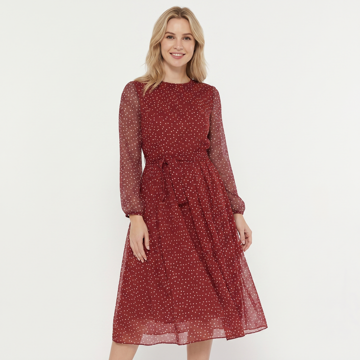 Women's Polka Dot Midi Dress Long Sleeve Chiffon Belted A Line