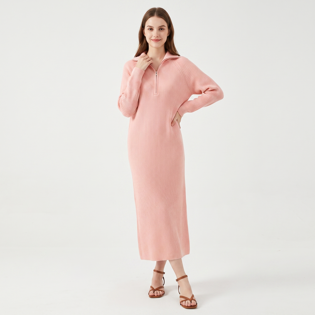 Women's Half Zip Ribbed Knit Midi Dress Long Sleeve Polo Neck Sweater Dress