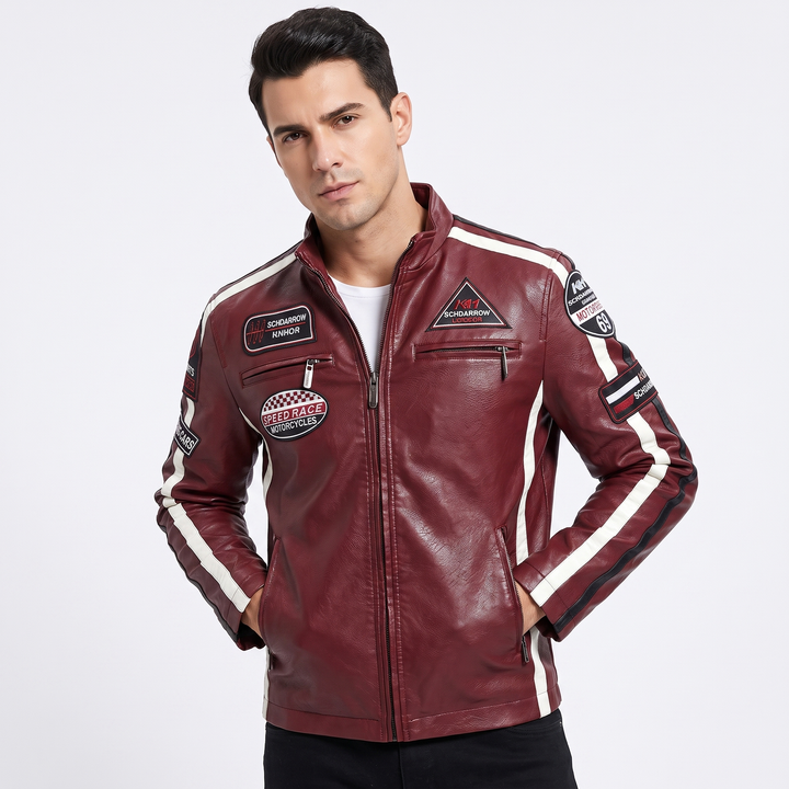 Men's Racing Patch Faux Leather Biker Jacket Zip Up Stripe Moto Casual Coat