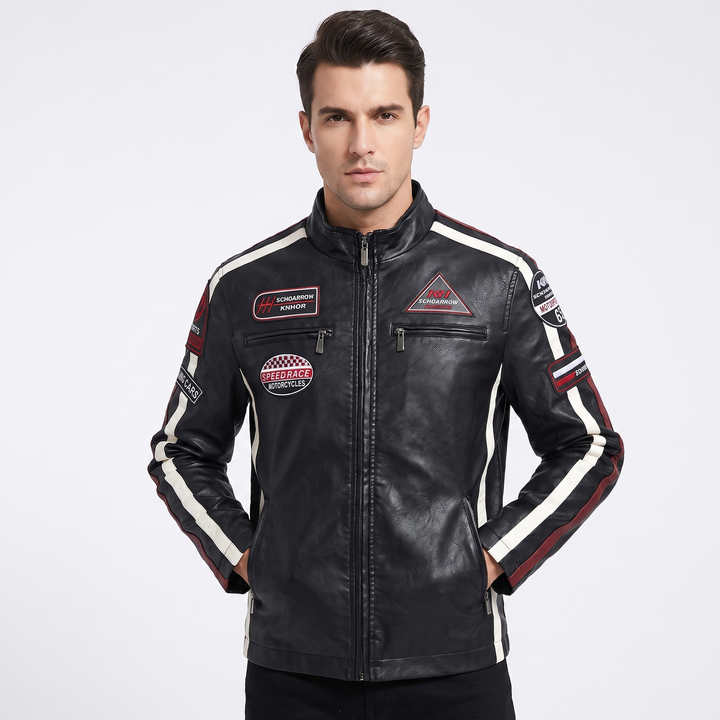 Men's Racing Patch Faux Leather Biker Jacket Zip Up Stripe Moto Casual Coat