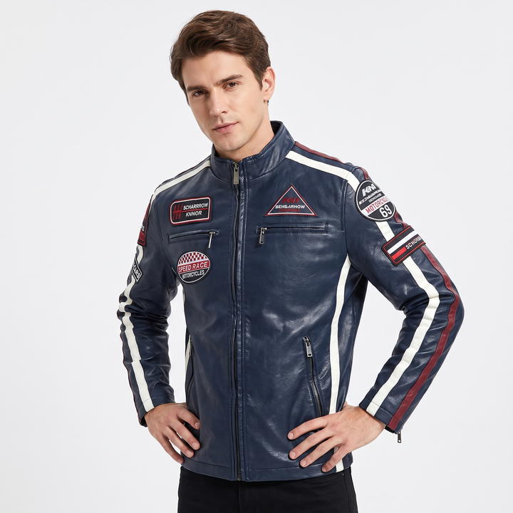 Men's Racing Patch Faux Leather Biker Jacket Zip Up Stripe Moto Casual Coat