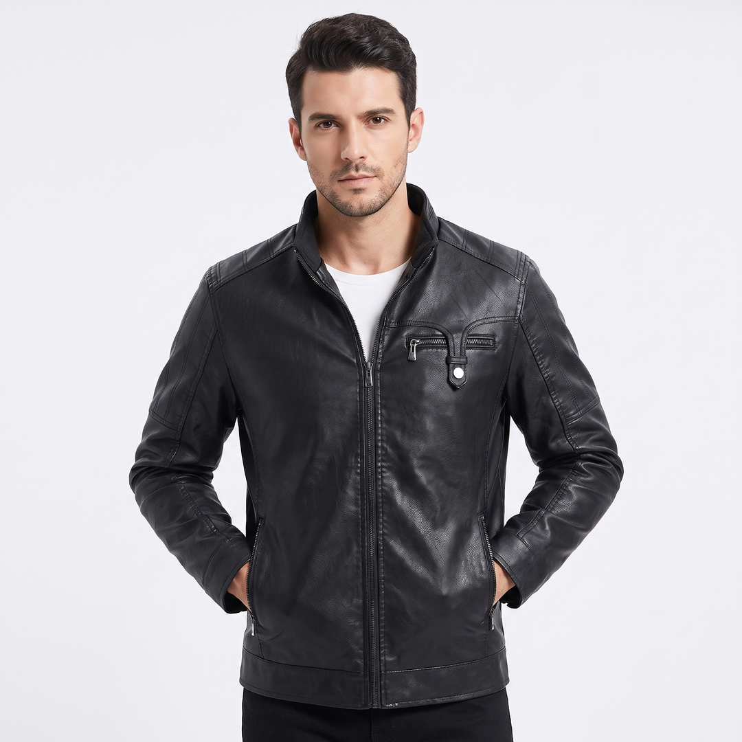 Men's Faux Leather Jacket Sherpa Fleece Lined Stand Collar Zip Up Winter Biker Coat