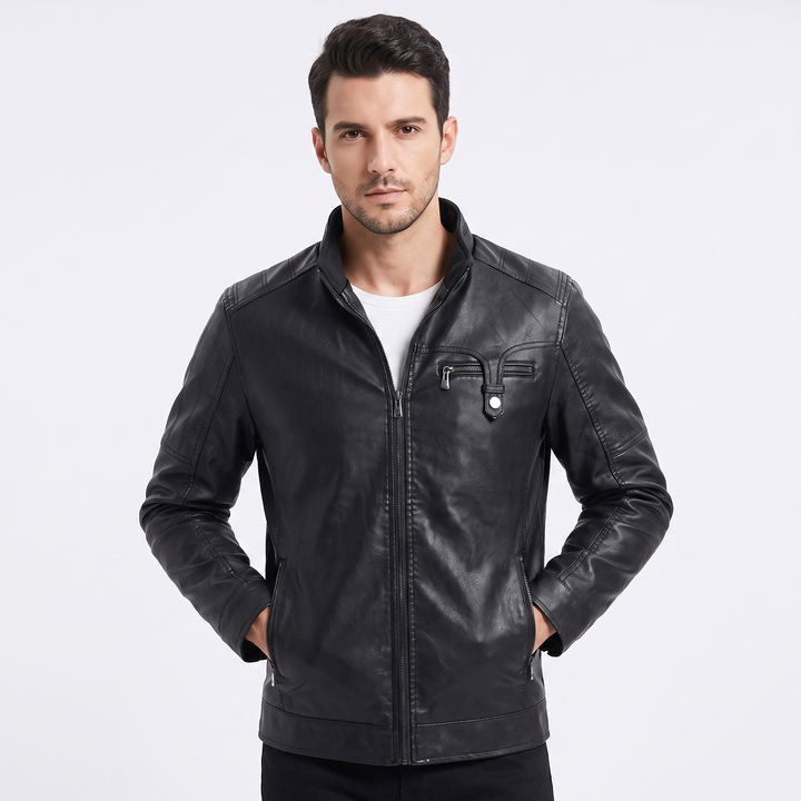 Men's Faux Leather Jacket Sherpa Fleece Lined Stand Collar Zip Up Winter Biker Coat