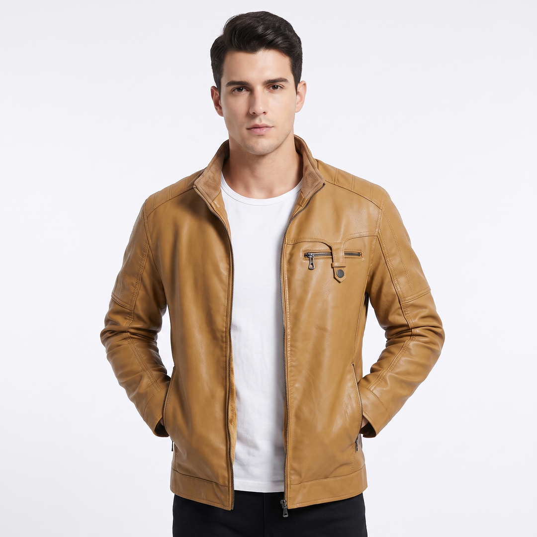Men's Faux Leather Jacket Sherpa Fleece Lined Stand Collar Zip Up Winter Biker Coat