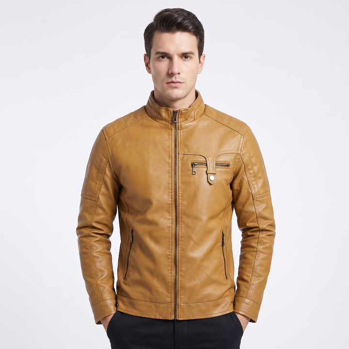 Men's Faux Leather Jacket Sherpa Fleece Lined Stand Collar Zip Up Winter Biker Coat