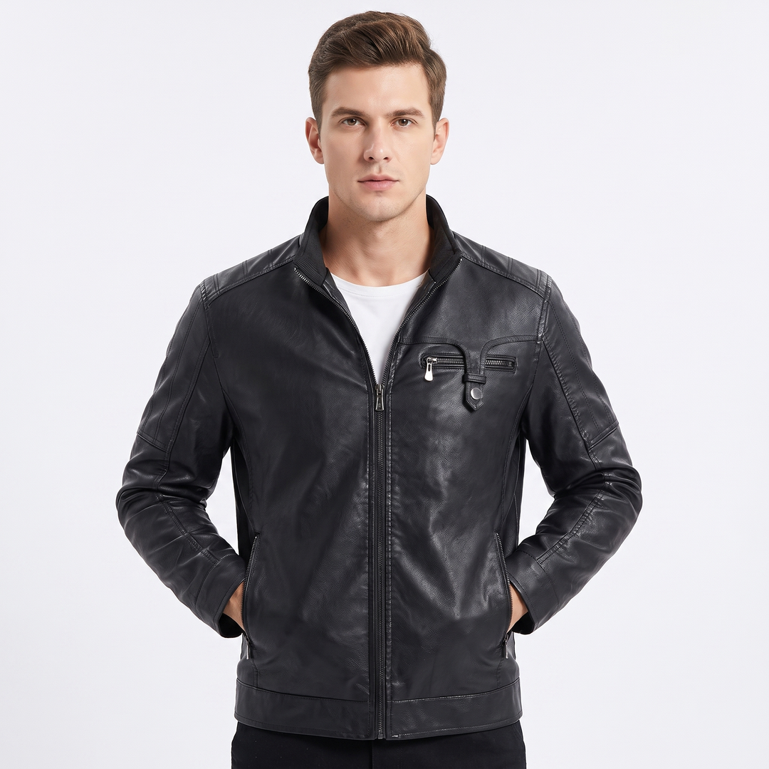 Men's Faux Leather Jacket Sherpa Fleece Lined Stand Collar Zip Up Winter Biker Coat