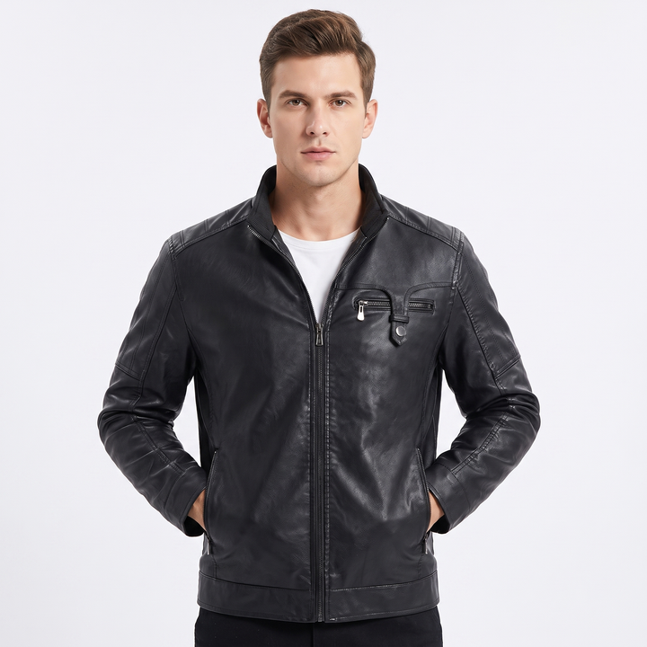 Men's Faux Leather Jacket Sherpa Fleece Lined Stand Collar Zip Up Winter Biker Coat