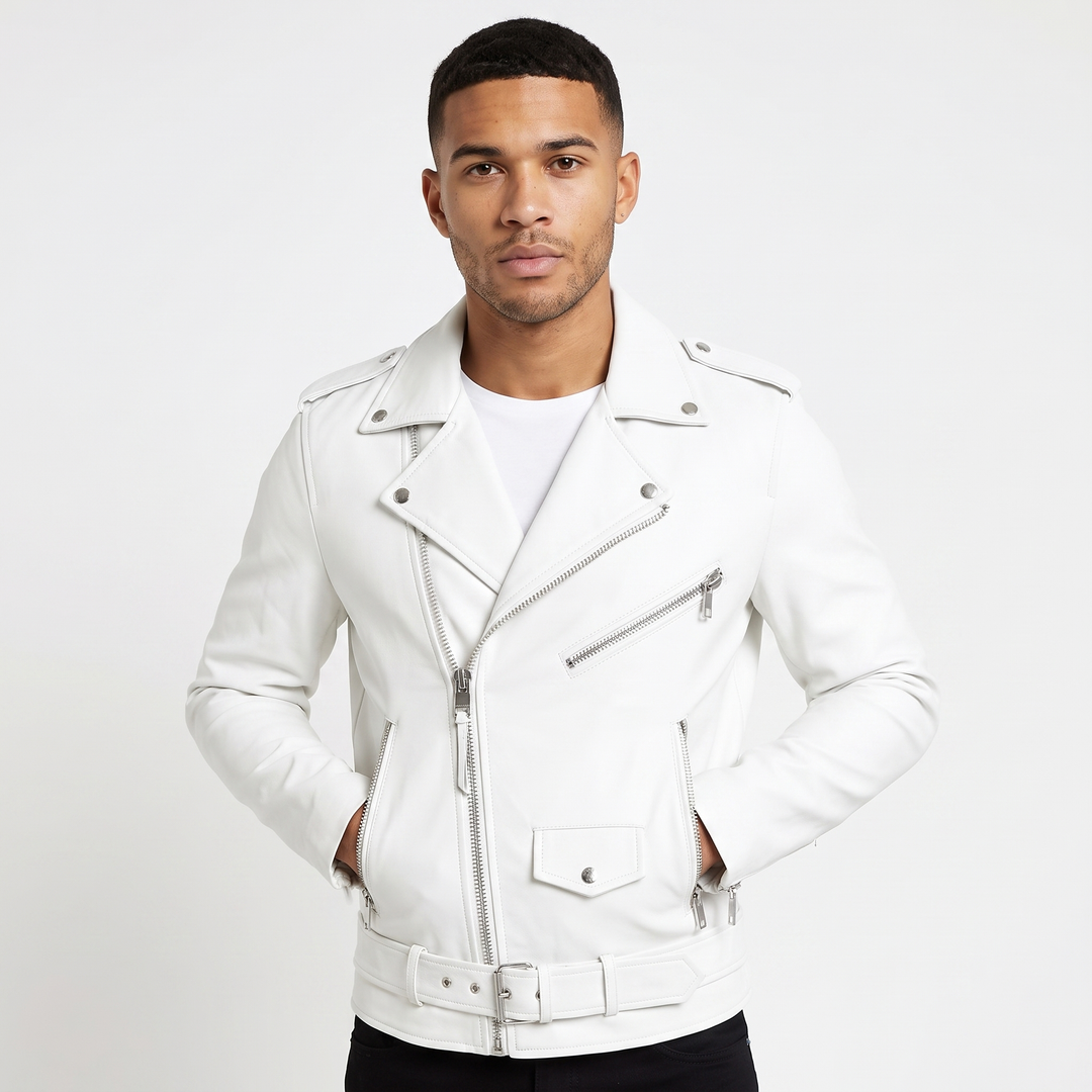 Men's Leather Biker Jacket Slim-Fit Moto Style with Silver Hardware