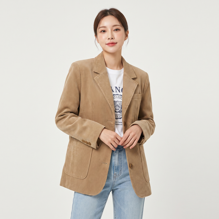 Women's Corduroy Blazer Relaxed Fit Notch Lapel Casual Jacket