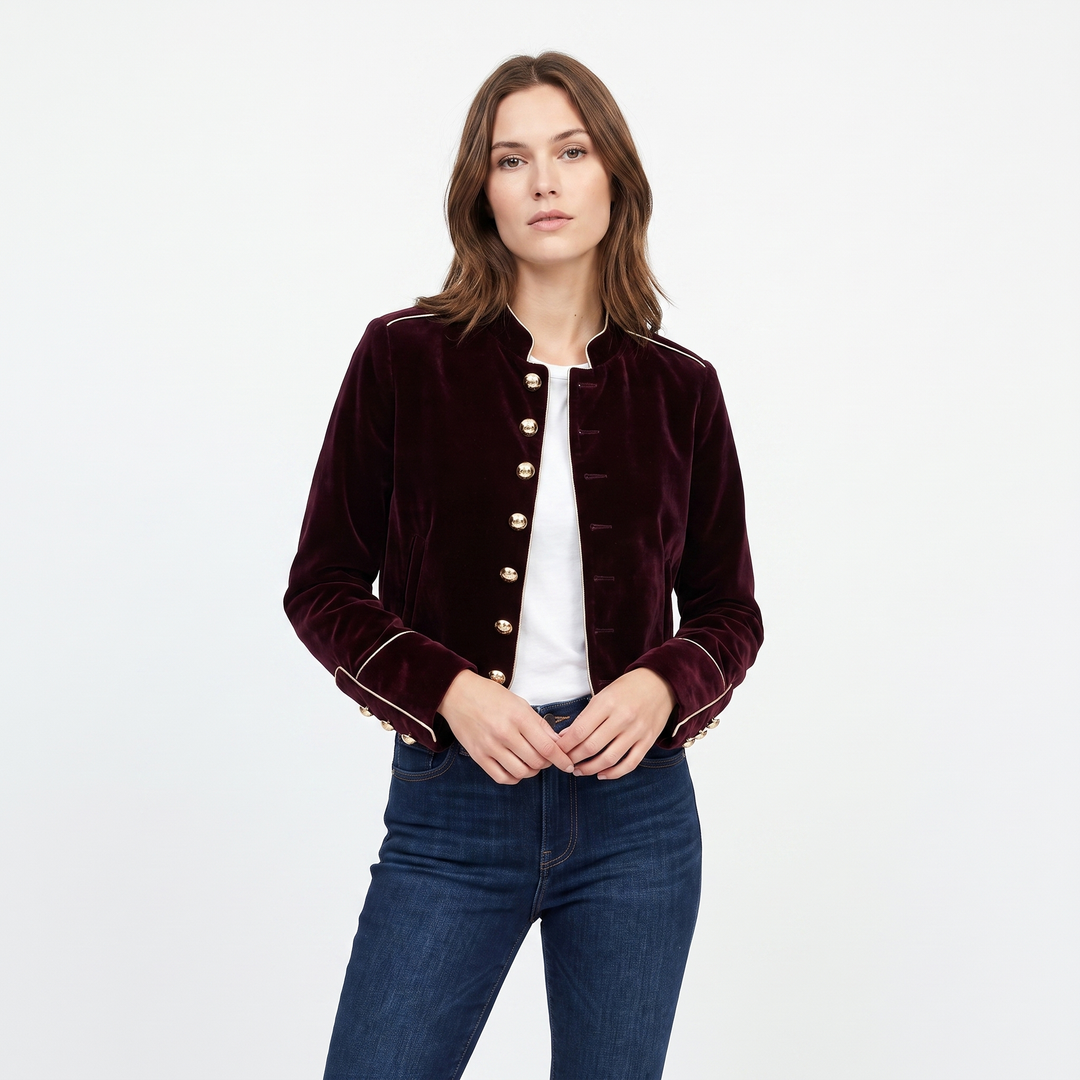 Women's Velvet Military Jacket Band Collar Gold Button Cropped Blazer