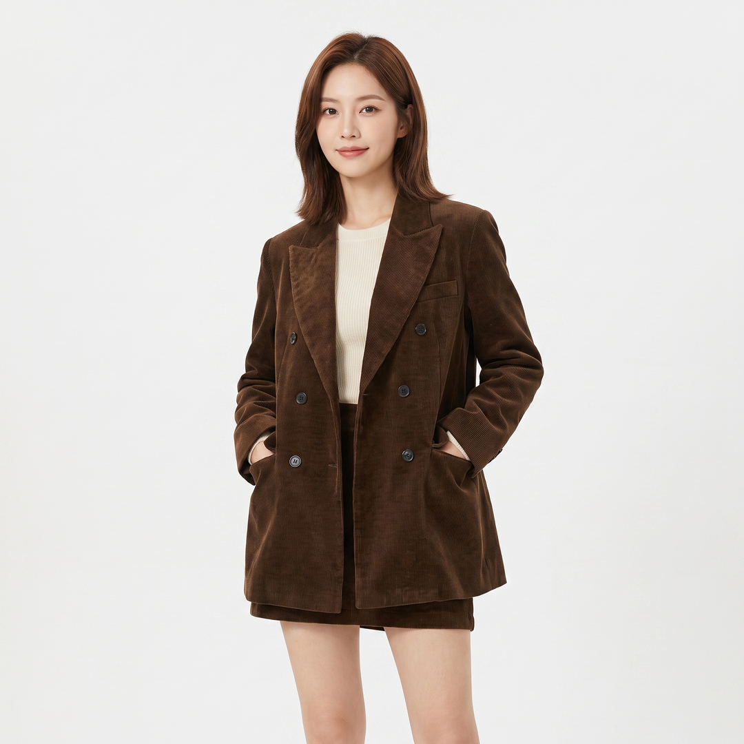 Women's Corduroy Double-Breasted Blazer Oversized Longline Casual Jacket