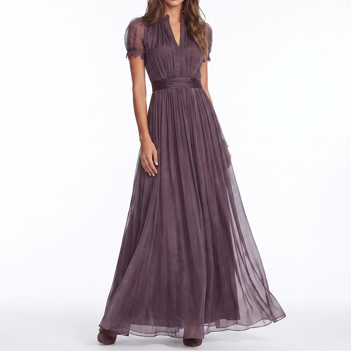 Women's Chiffon Maxi Dress Short Sleeve Lace Trim A Line Formal