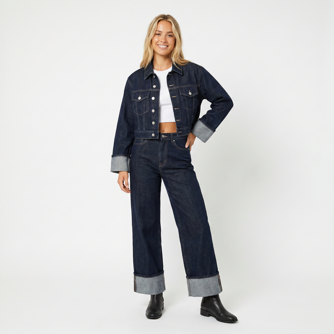 Women's Denim Jacket and Wide-Leg Jeans Set Cropped Two-Piece Outfit