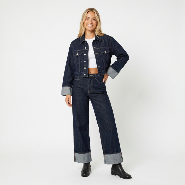 Women's Denim Jacket and Wide-Leg Jeans Set Cropped Two-Piece Outfit