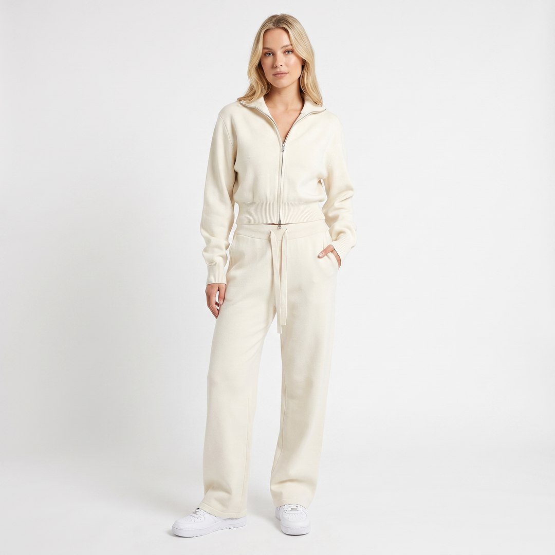 Women's Knit Two-Piece Set Zip-Up Jacket Wide-Leg Pants Loungewear