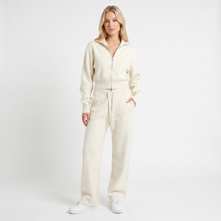 Women's Knit Two-Piece Set Zip-Up Jacket Wide-Leg Pants Loungewear