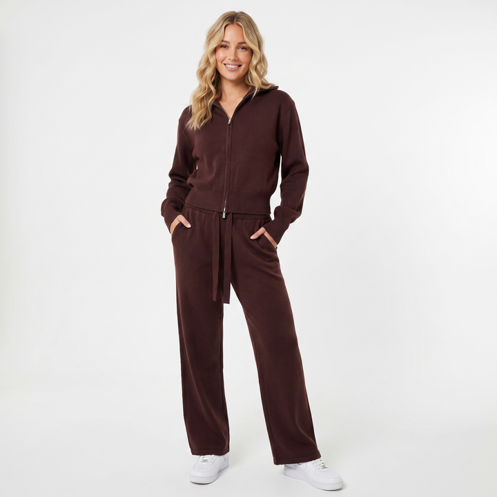 Women's Knit Two-Piece Set Zip-Up Jacket Wide-Leg Pants Loungewear