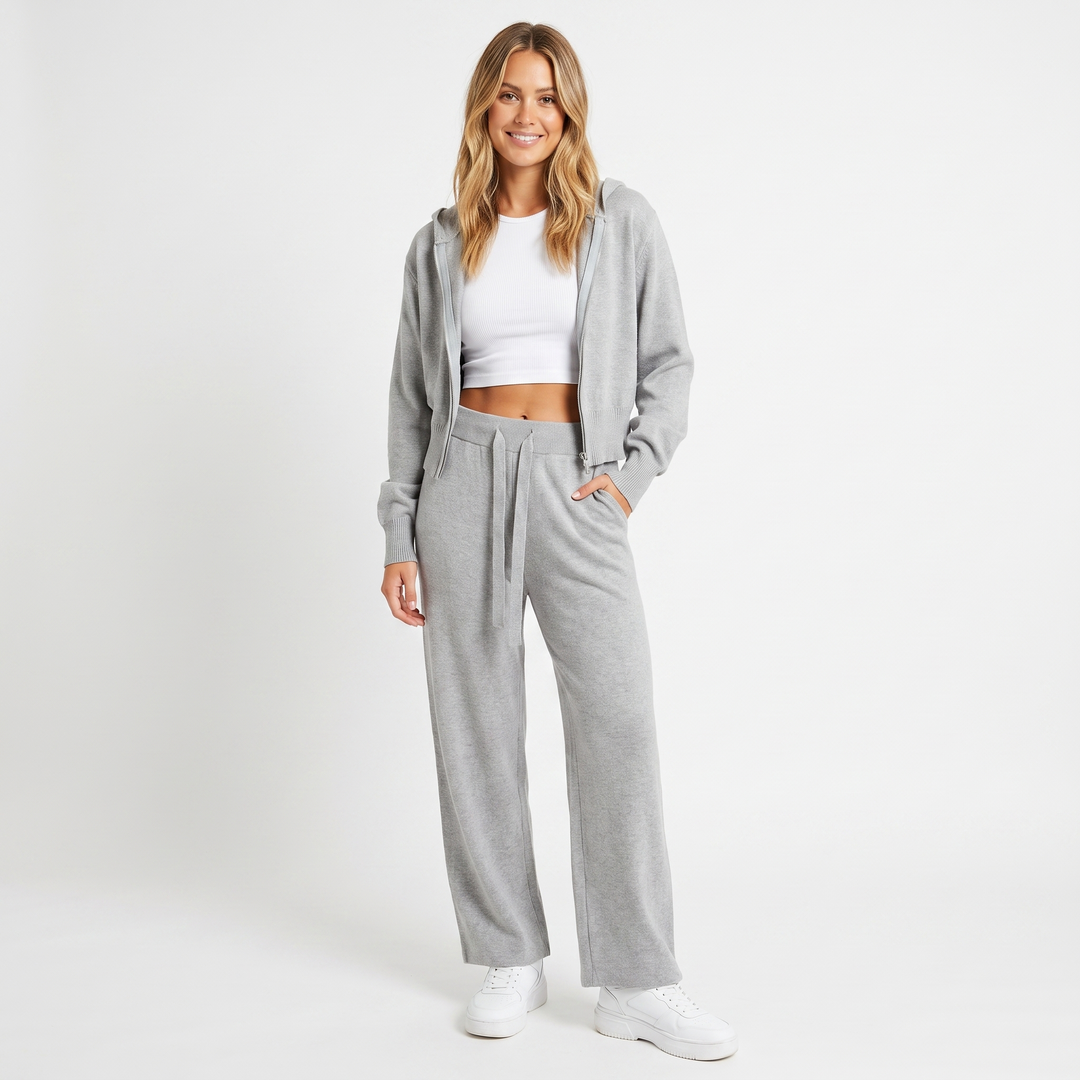 Women's Knit Two-Piece Set Zip-Up Jacket Wide-Leg Pants Loungewear