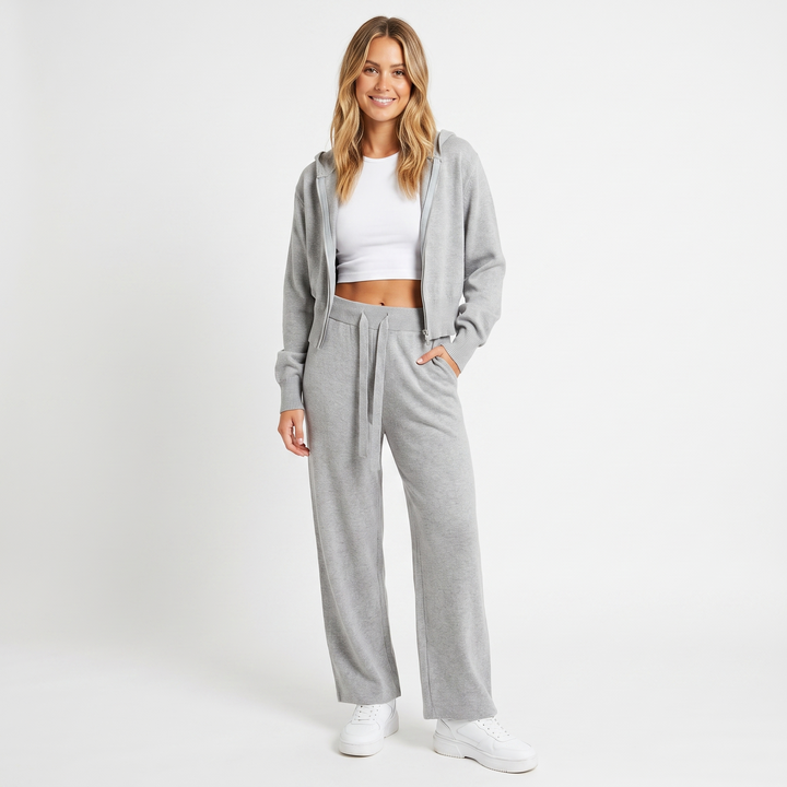 Women's Knit Two-Piece Set Zip-Up Jacket Wide-Leg Pants Loungewear