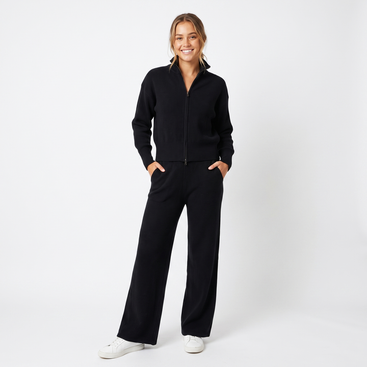Women's Knit Two-Piece Set Zip-Up Jacket Wide-Leg Pants Loungewear