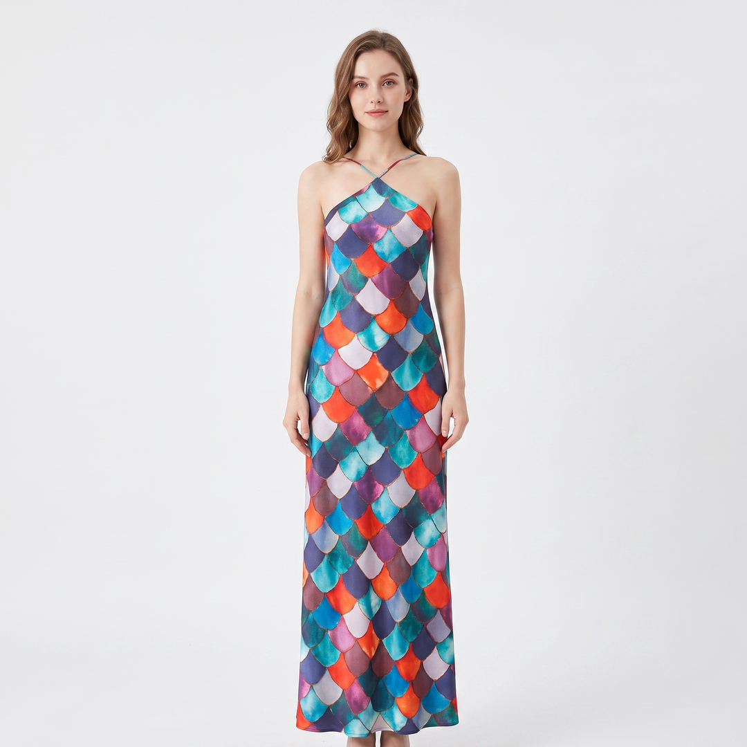Women's Printed Maxi Dress Halter Neck Sleeveless Column Slip