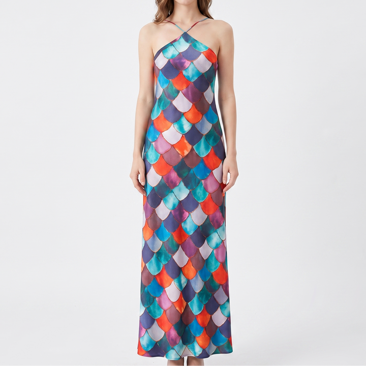 Women's Printed Maxi Dress Halter Neck Sleeveless Column Slip