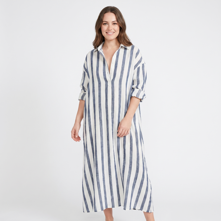 Women's Striped Maxi Shirt Dress Oversized Cotton Beach Cover Up